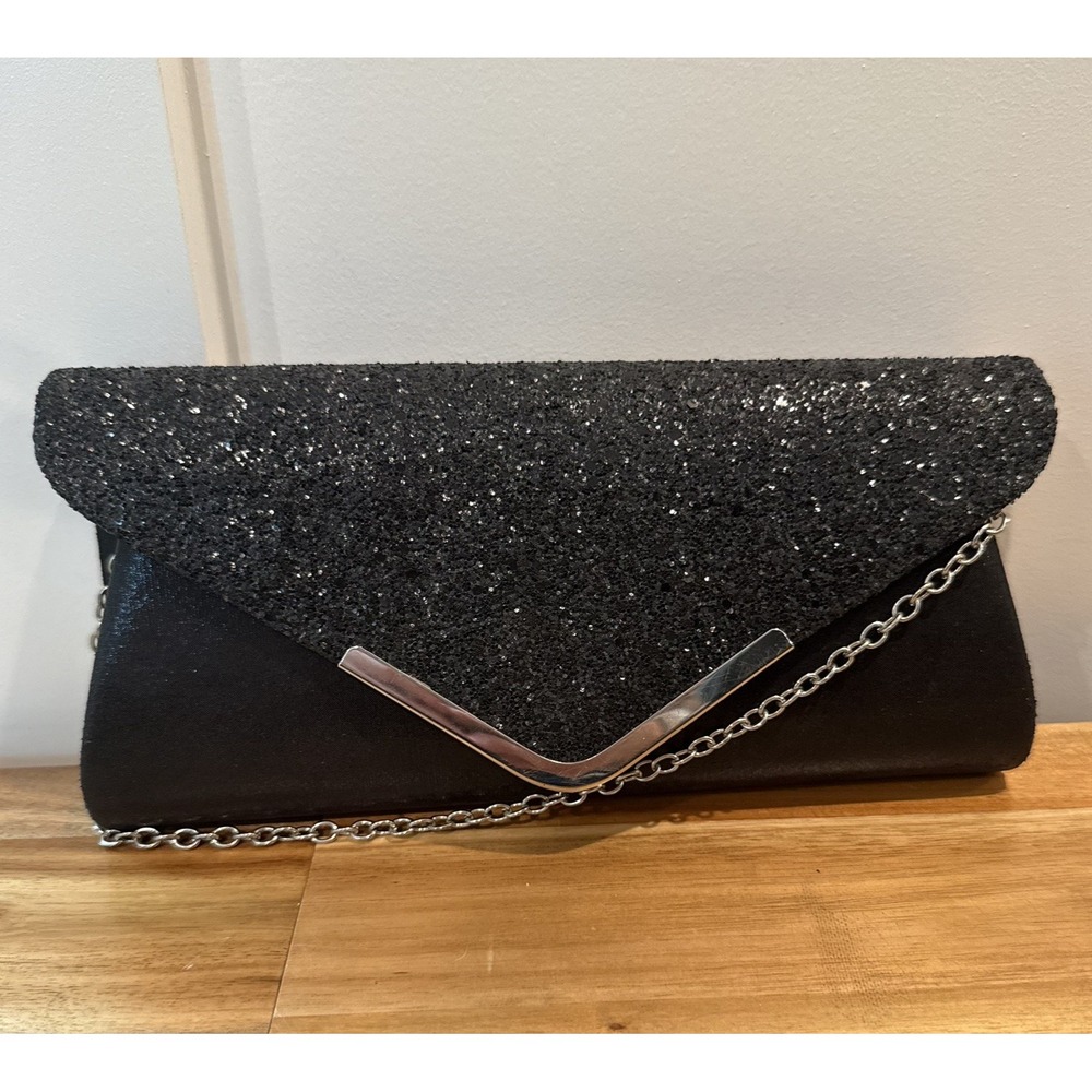 Black Glitter Envelope Clutch Silver Chain Y2K Glam Prom Evening Party Bag
